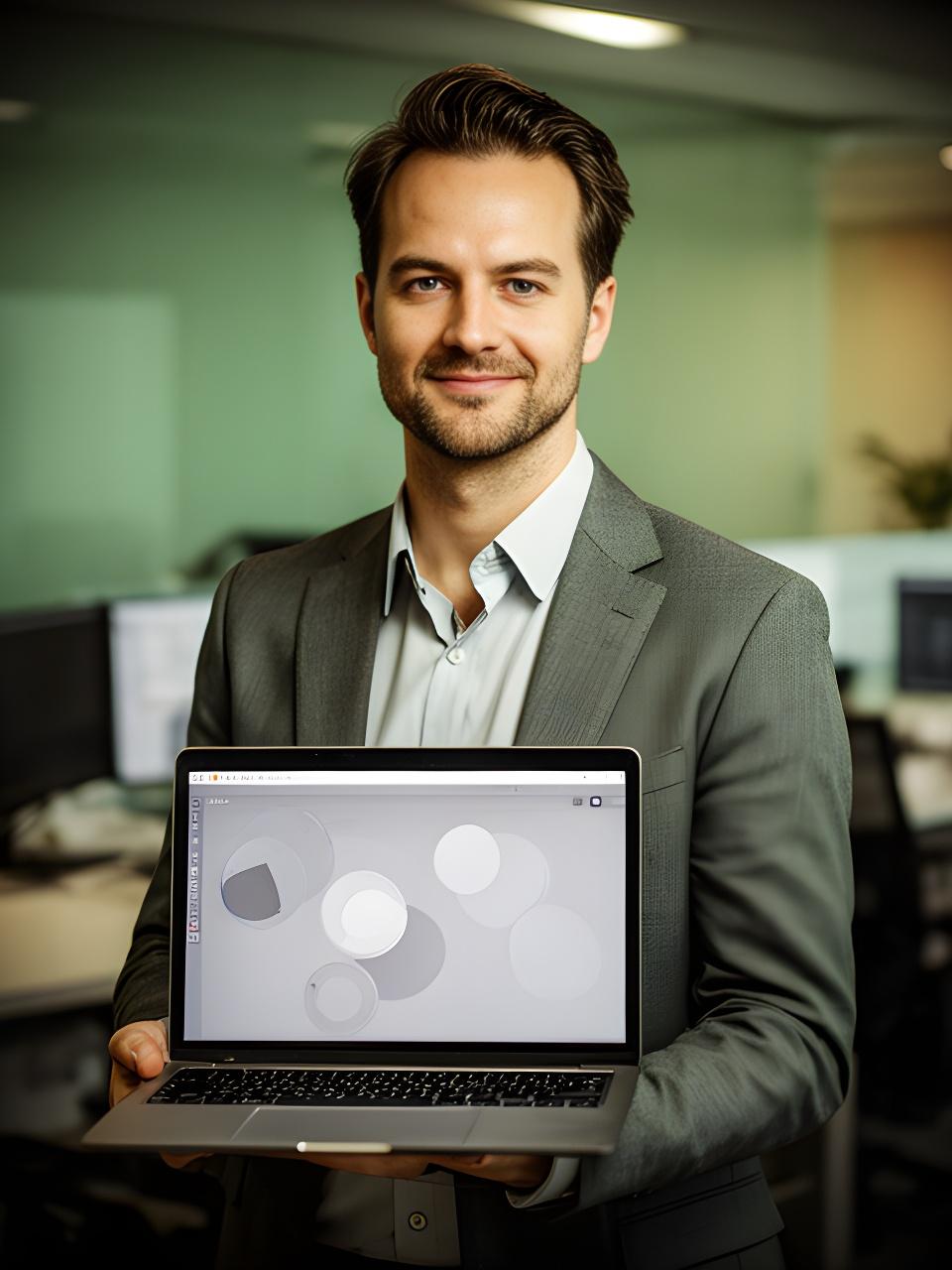Founder Doug standing in a modern office with a laptop and database dashboard on screen