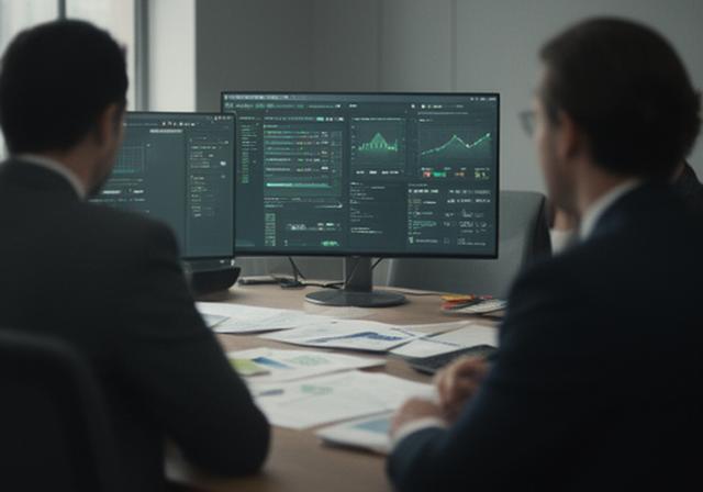 Finance analysts reviewing month-end reporting dashboards in a quiet conference room