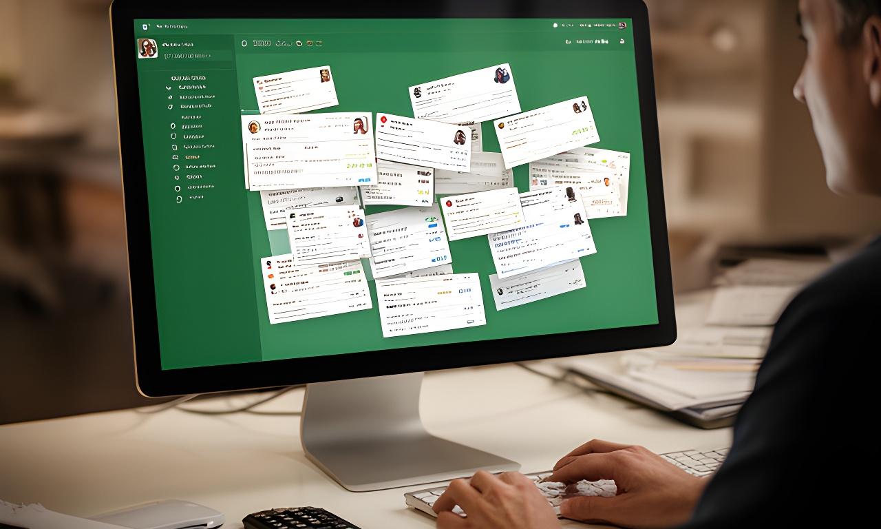 Database specialist reviewing a messy CRM dashboard on a desktop screen in a quiet office