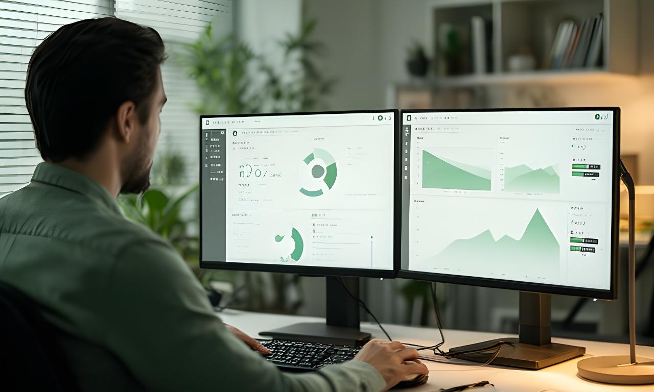 Database engineer reviewing performance dashboards on dual monitors in a quiet modern office