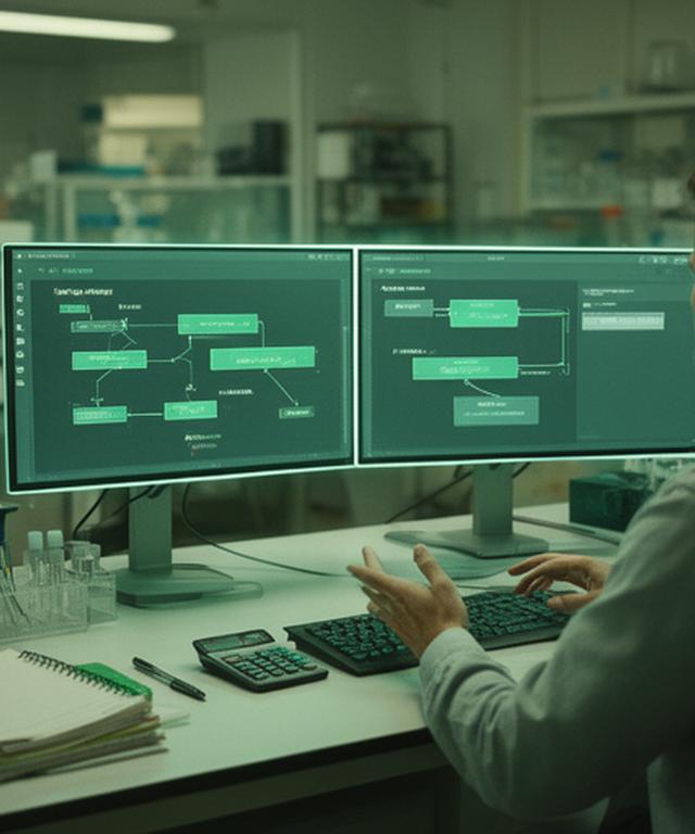 Database specialist reviewing query plans and connection settings on a dual-monitor workstation