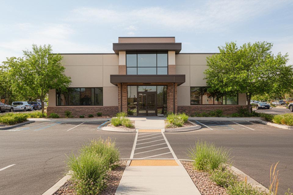 Modern office exterior in Grand Junction with a clean entrance and a quiet parking area