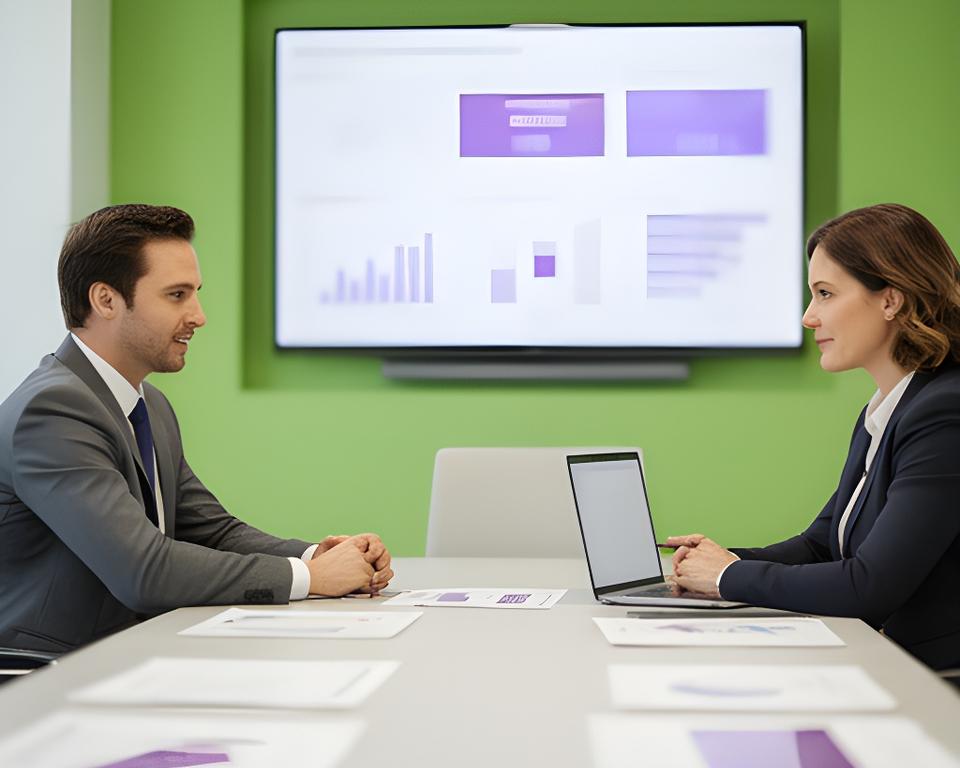 Analyst and business owner reviewing industry dashboard reports in a clean conference room