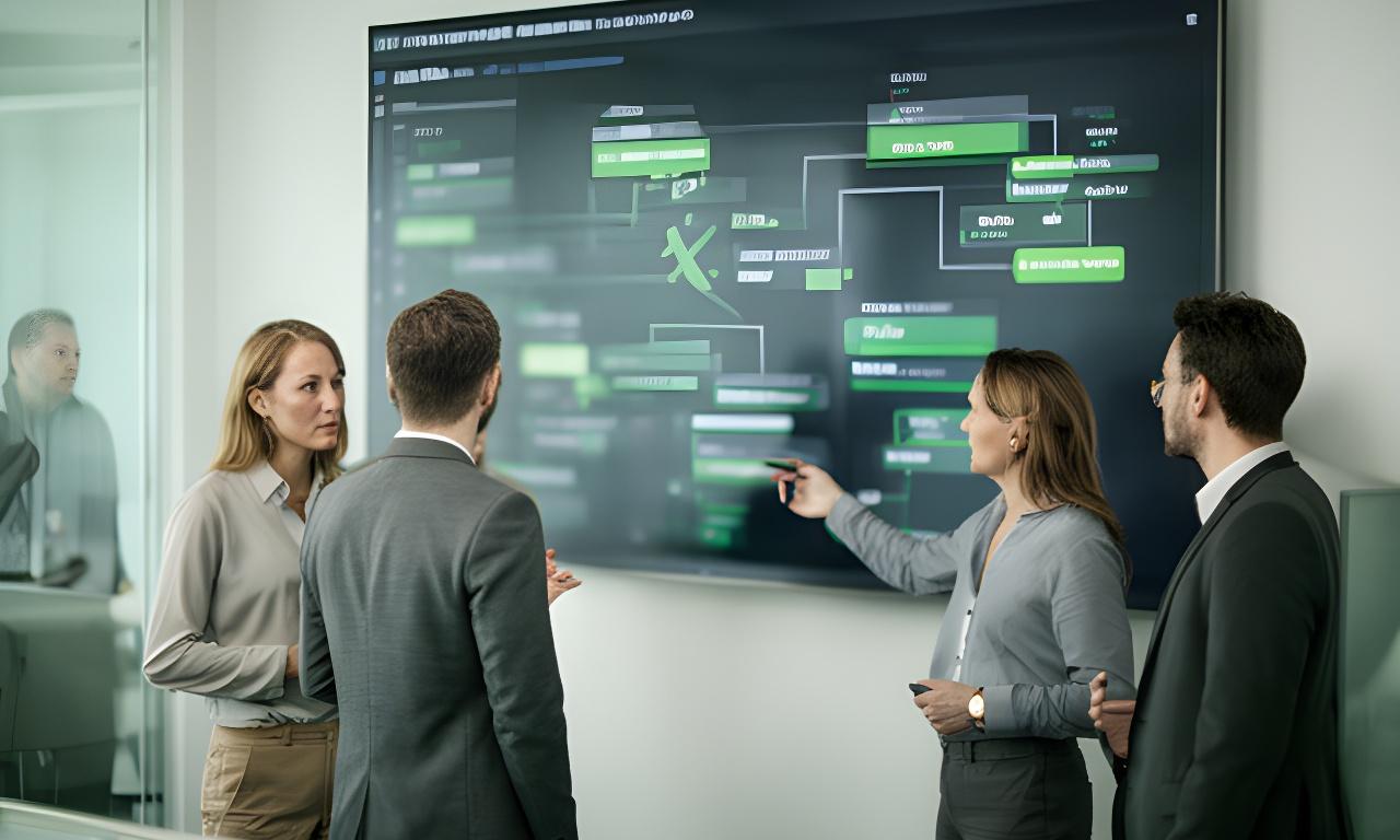 Database team reviewing industry workflows on a large screen in a modern office