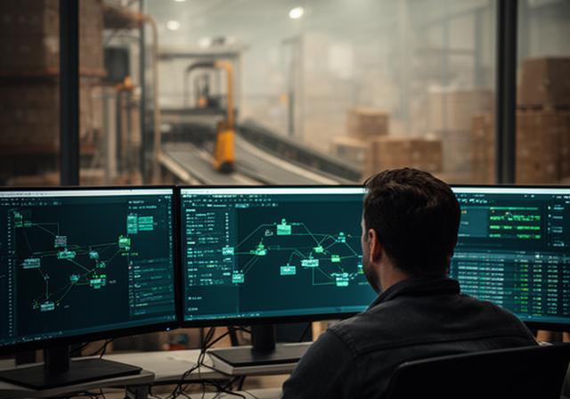 Operations manager monitoring shipment data and ETL dashboards in a warehouse office