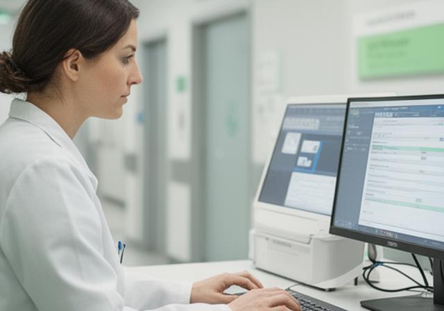 Clinic coordinator managing referral records beside a workstation with scheduling screens